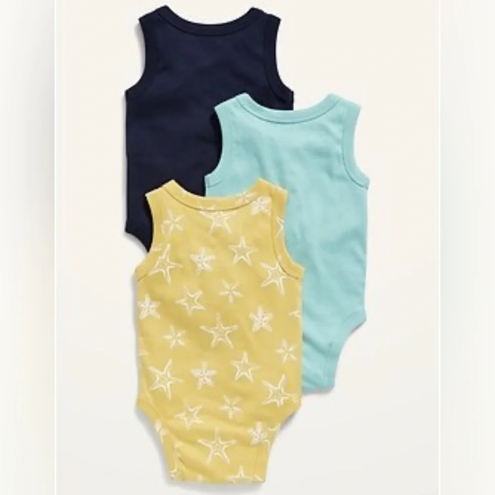 Old Navy Navy/Teal/Yellow Starfish Print 3-Pack Sleeveless Bodysuit | 6-12M